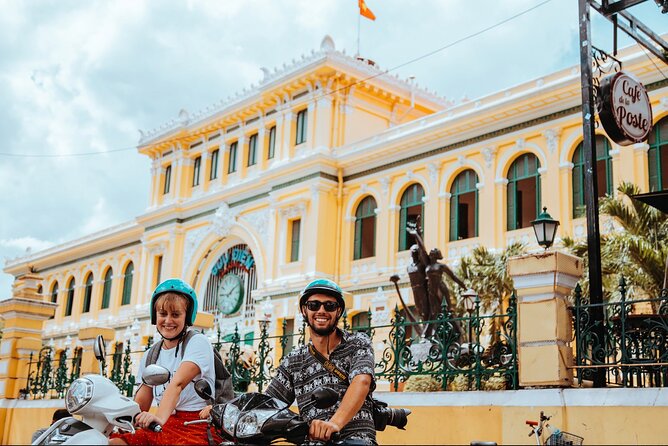 Ho Chi Minh City Motorbike Tour w Student + Safe + Fun - French Quarter icons: Notre-Dame, the Central Post Office, the Opera House, and City Hall